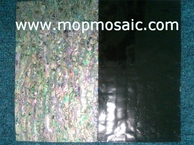 Red abalone shell laminate with black backing